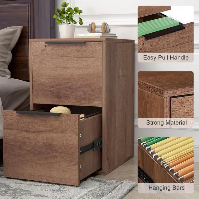 Alt view image 6 of 7 - File Cabinet, 2 Drawer Filing Cabinet for Home Office, Modern Farmhouse File Cabinets with Hanging Rail for Letter Files,Small Vertical File Cabinets, Brown