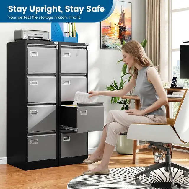 Alt view image 2 of 6 - 4 Drawer File Cabinet, Vertical Filing Cabinets with Lock, Metal File Cabinets for Home Office, Anti-Tip 4 Storage Drawers for Letter/Legal/A4/F4 Size (Assemble Required, Black)