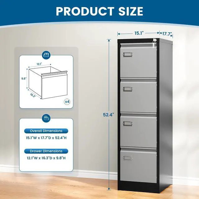 Alt view image 3 of 6 - 4 Drawer File Cabinet, Vertical Filing Cabinets with Lock, Metal File Cabinets for Home Office, Anti-Tip 4 Storage Drawers for Letter/Legal/A4/F4 Size (Assemble Required, Black)