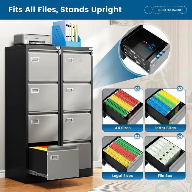 Alt view image 4 of 6 - 4 Drawer File Cabinet, Vertical Filing Cabinets with Lock, Metal File Cabinets for Home Office, Anti-Tip 4 Storage Drawers for Letter/Legal/A4/F4 Size (Assemble Required, Black)