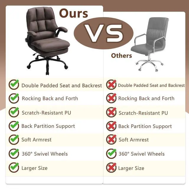 Alt view image 5 of 7 - Comfy Office Chair Soft and Double Cushioned Ergonomic Computer Desk Chair | Suitable for Long Hours Executive Office Chair with Flip-up Armrests and Height Adjustment for Home Office Brown