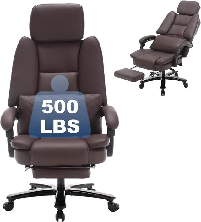 Main image of Big Tall Recliner Office Gaming Chair with Foot Leg Rest Brown | Reclining Office Desk Chair, Wide Seat, Heavy Duty Metal Legs, Height Adjustable, Faux Leather Managerial Chair