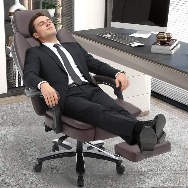 Alt view image 2 of 7 - Big Tall Recliner Office Gaming Chair with Foot Leg Rest Brown | Reclining Office Desk Chair, Wide Seat, Heavy Duty Metal Legs, Height Adjustable, Faux Leather Managerial Chair