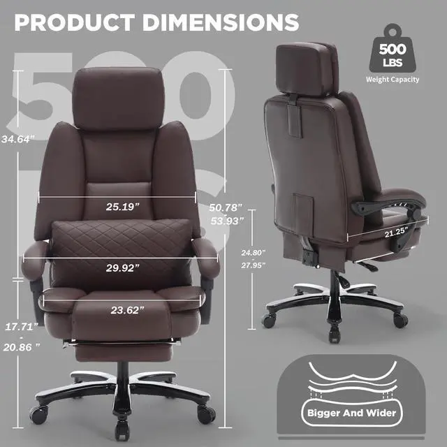 Alt view image 3 of 7 - Big Tall Recliner Office Gaming Chair with Foot Leg Rest Brown | Reclining Office Desk Chair, Wide Seat, Heavy Duty Metal Legs, Height Adjustable, Faux Leather Managerial Chair
