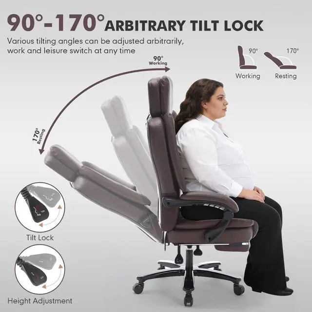 Alt view image 4 of 7 - Big Tall Recliner Office Gaming Chair with Foot Leg Rest Brown | Reclining Office Desk Chair, Wide Seat, Heavy Duty Metal Legs, Height Adjustable, Faux Leather Managerial Chair