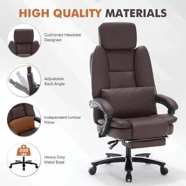 Alt view image 5 of 7 - Big Tall Recliner Office Gaming Chair with Foot Leg Rest Brown | Reclining Office Desk Chair, Wide Seat, Heavy Duty Metal Legs, Height Adjustable, Faux Leather Managerial Chair