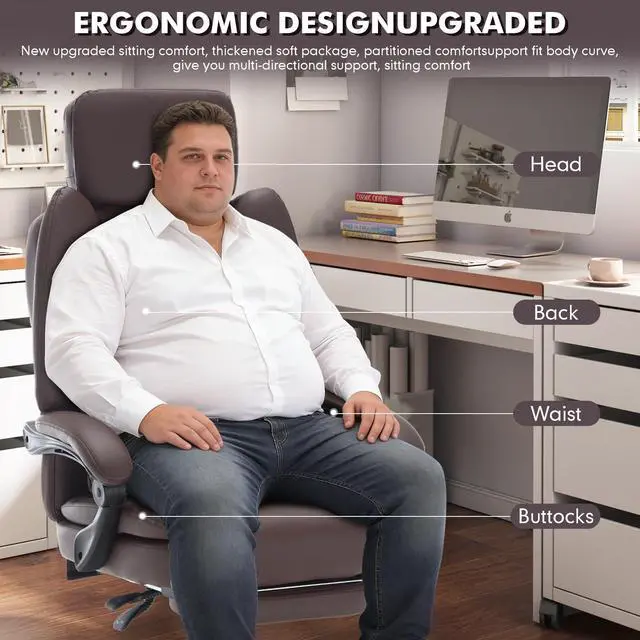 Alt view image 6 of 7 - Big Tall Recliner Office Gaming Chair with Foot Leg Rest Brown | Reclining Office Desk Chair, Wide Seat, Heavy Duty Metal Legs, Height Adjustable, Faux Leather Managerial Chair