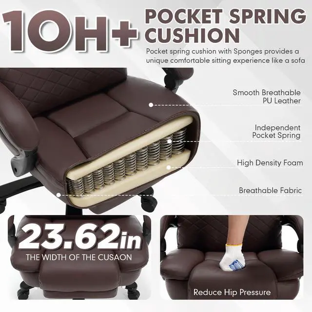Alt view image 7 of 7 - Big Tall Recliner Office Gaming Chair with Foot Leg Rest Brown | Reclining Office Desk Chair, Wide Seat, Heavy Duty Metal Legs, Height Adjustable, Faux Leather Managerial Chair