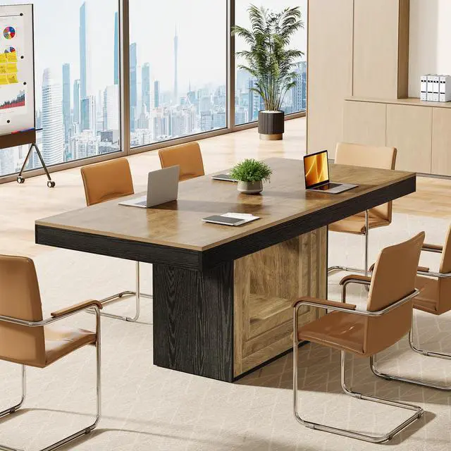 Main image of Conference Table, 5 ft Modern Meeting Table for 4-6 People | Large Rectangular Business Furniture with Sturdy Base for Office, Boardroom, Training Seminar (Brown + Black)
