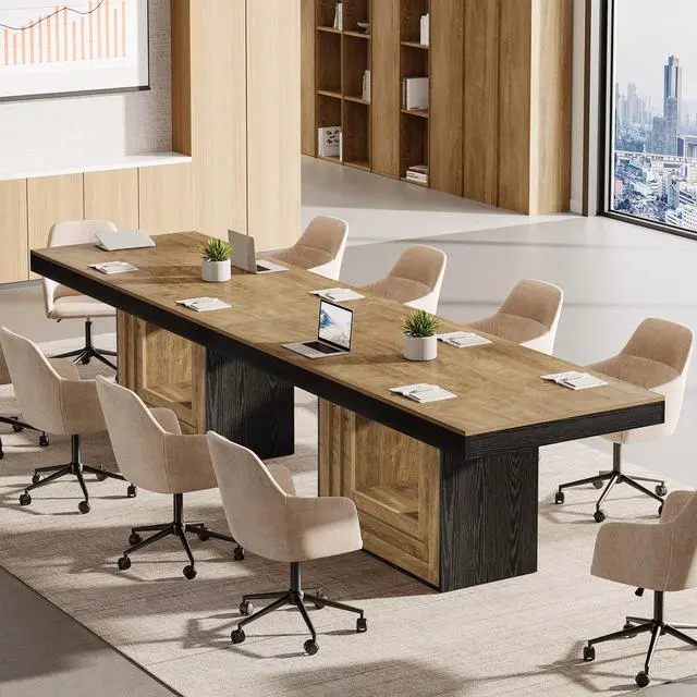 Alt view image 3 of 7 - Conference Table, 5 ft Modern Meeting Table for 4-6 People | Large Rectangular Business Furniture with Sturdy Base for Office, Boardroom, Training Seminar (Brown + Black)