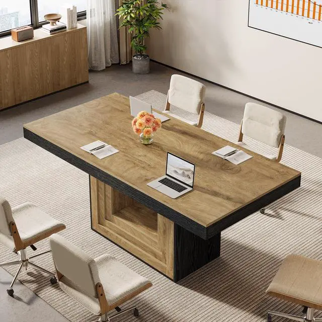 Alt view image 4 of 7 - Conference Table, 5 ft Modern Meeting Table for 4-6 People | Large Rectangular Business Furniture with Sturdy Base for Office, Boardroom, Training Seminar (Brown + Black)