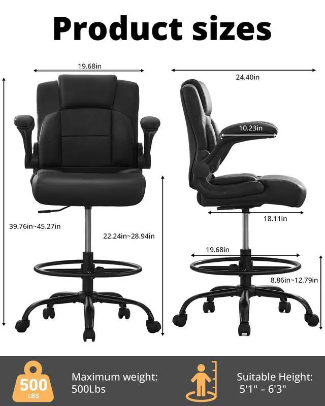 Alt view image 2 of 7 - Drafting Chair with Flip-Up Arms, Tall Office Chair for Standing Desk | 500 Lbs, Ergonomic Leather High Desk Chair for Counter Height Desk, Adjustment Foot Ring Height