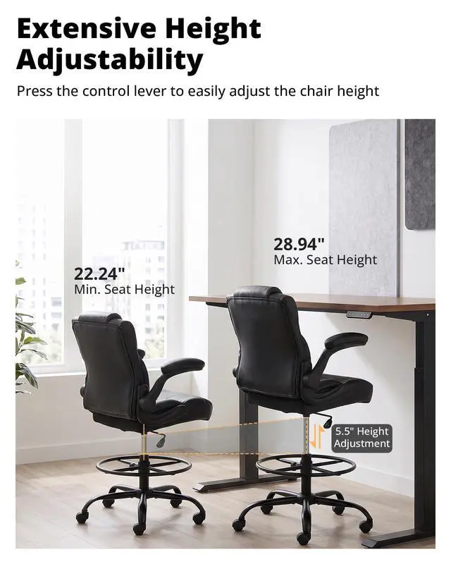 Alt view image 3 of 7 - Drafting Chair with Flip-Up Arms, Tall Office Chair for Standing Desk | 500 Lbs, Ergonomic Leather High Desk Chair for Counter Height Desk, Adjustment Foot Ring Height
