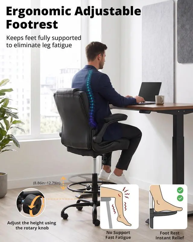 Alt view image 4 of 7 - Drafting Chair with Flip-Up Arms, Tall Office Chair for Standing Desk | 500 Lbs, Ergonomic Leather High Desk Chair for Counter Height Desk, Adjustment Foot Ring Height