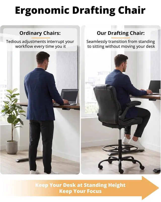 Alt view image 5 of 7 - Drafting Chair with Flip-Up Arms, Tall Office Chair for Standing Desk | 500 Lbs, Ergonomic Leather High Desk Chair for Counter Height Desk, Adjustment Foot Ring Height