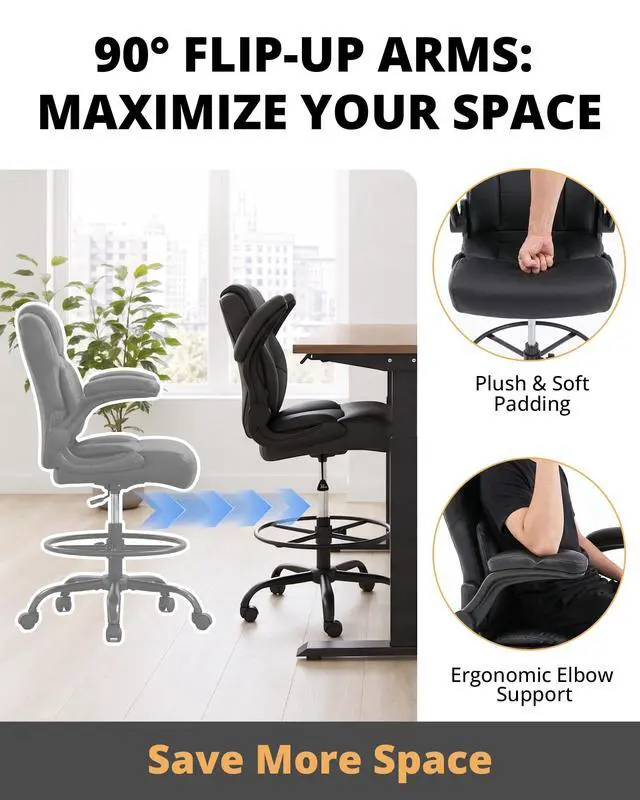 Alt view image 6 of 7 - Drafting Chair with Flip-Up Arms, Tall Office Chair for Standing Desk | 500 Lbs, Ergonomic Leather High Desk Chair for Counter Height Desk, Adjustment Foot Ring Height