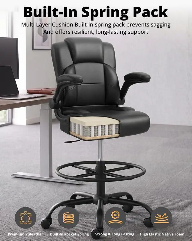 Alt view image 7 of 7 - Drafting Chair with Flip-Up Arms, Tall Office Chair for Standing Desk | 500 Lbs, Ergonomic Leather High Desk Chair for Counter Height Desk, Adjustment Foot Ring Height