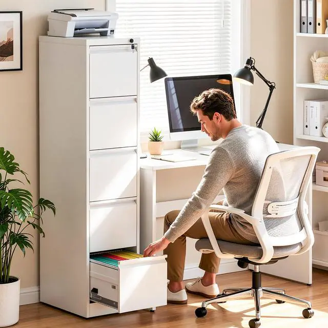 Alt view image 2 of 7 - 5 Drawer File Cabinet with Lock, Vertical Filing Cabinets for Home Office, Locking File Cabinet Hanging Files for A4/ Legal/Letter, Require Assembly, White