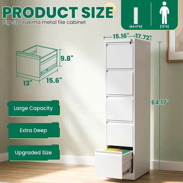 Alt view image 3 of 7 - 5 Drawer File Cabinet with Lock, Vertical Filing Cabinets for Home Office, Locking File Cabinet Hanging Files for A4/ Legal/Letter, Require Assembly, White