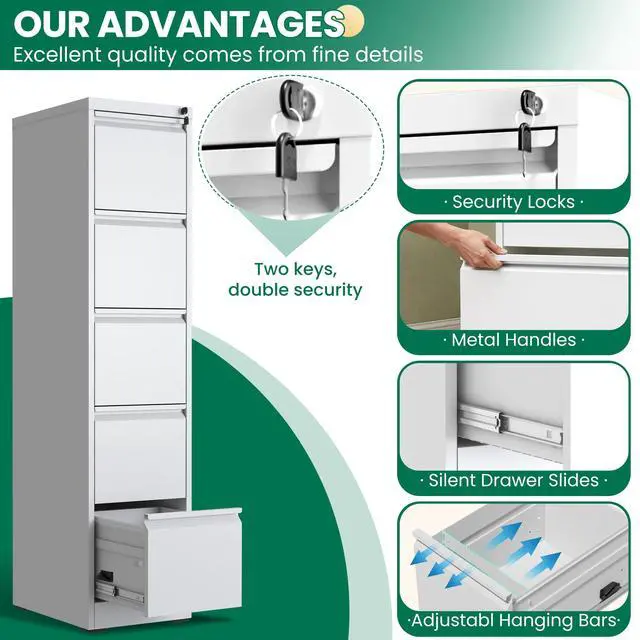 Alt view image 5 of 7 - 5 Drawer File Cabinet with Lock, Vertical Filing Cabinets for Home Office, Locking File Cabinet Hanging Files for A4/ Legal/Letter, Require Assembly, White