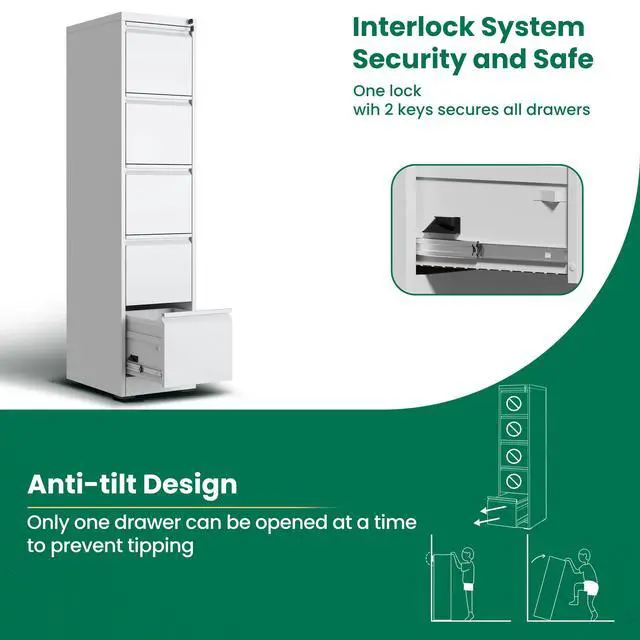 Alt view image 6 of 7 - 5 Drawer File Cabinet with Lock, Vertical Filing Cabinets for Home Office, Locking File Cabinet Hanging Files for A4/ Legal/Letter, Require Assembly, White