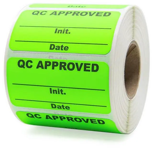 Main image of QC Approved Quality Control Labels, 2" x 1", Bright Green, 500 Labels per Roll, Permanent Adhesive for Inspection & Inventory Use