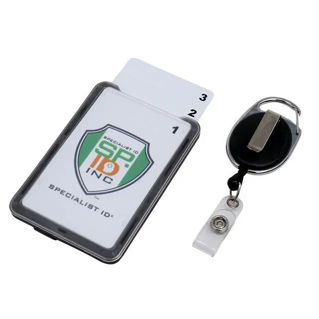 Alt view image 4 of 7 - 2 Pack - Hard Plastic 3 Card Badge Holder with Retractable Reel - Retracting ID Lanyard Features Belt Clip & Carabiner - Rigid Vertical CAC Holder - Top Load Holds Three Cards by (Black)
