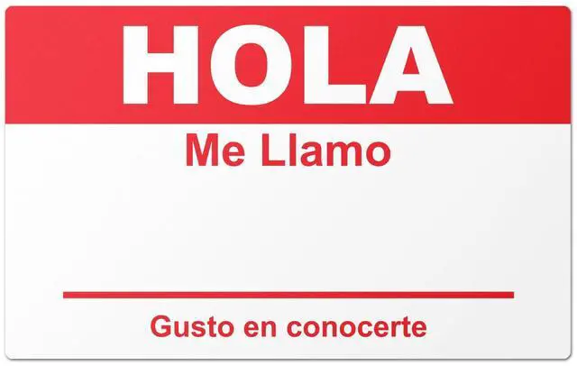 Main image of Spanish Name Tags, Red, 4 x 2.3 inch, 100 Labels | Hola Me Llamo Badges, Stickers for Events Reunions Meet and Greets, Fabric Safe