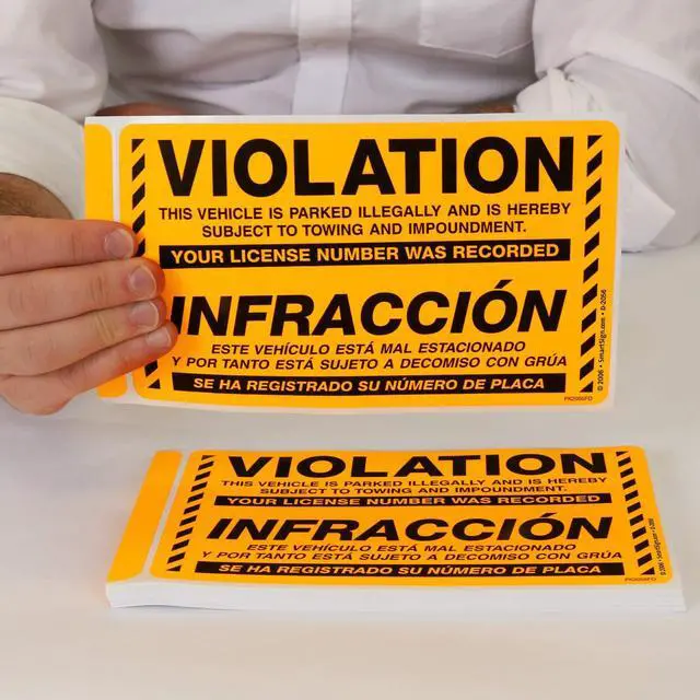 Alt view image 2 of 6 - Bilingual Parking Violation Stickers | Pack of 50 Labels with Permanent Adhesive, 5 x 8 inch, Vehicle Illegally Parked Sticker, Hard to Remove Write-On Tickets, Fluorescent Orange