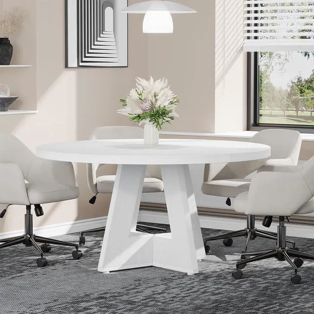 Main image of 47-Inch Round Conference Table for 4-6 People, Wooden Meeting Room Table with Thicken Tabletop and Wood Base, Modern Meeting Training Desk for Conference Room (White)
