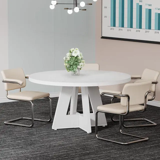 Alt view image 3 of 6 - 47-Inch Round Conference Table for 4-6 People, Wooden Meeting Room Table with Thicken Tabletop and Wood Base, Modern Meeting Training Desk for Conference Room (White)