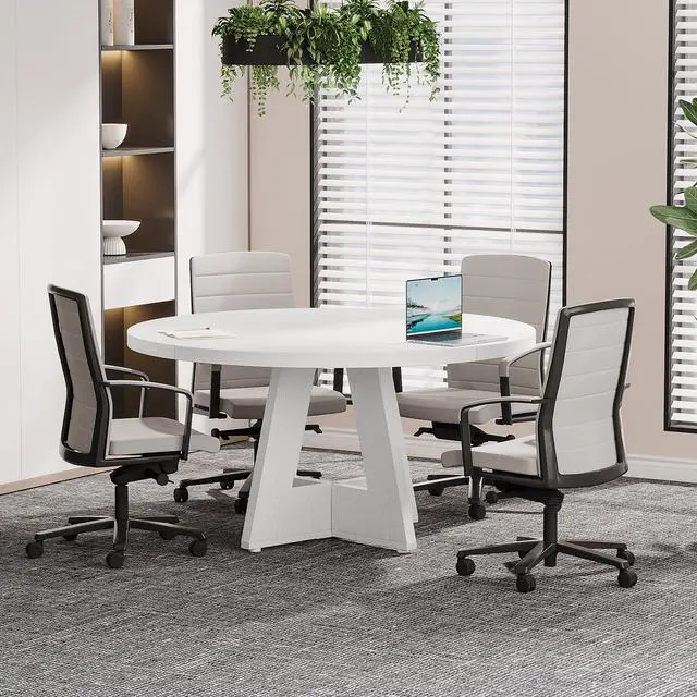 Alt view image 4 of 6 - 47-Inch Round Conference Table for 4-6 People, Wooden Meeting Room Table with Thicken Tabletop and Wood Base, Modern Meeting Training Desk for Conference Room (White)