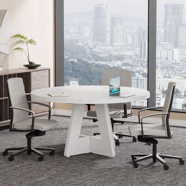 Alt view image 5 of 6 - 47-Inch Round Conference Table for 4-6 People, Wooden Meeting Room Table with Thicken Tabletop and Wood Base, Modern Meeting Training Desk for Conference Room (White)