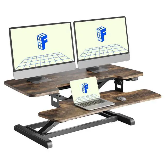 Main image of 36" Electric Standing Desk Converter, Motorized Sit to Stand Desk Riser, Height Adjustable Desktop Dual Monitor Workstation with Large Keyboard Tray, Rustic Color