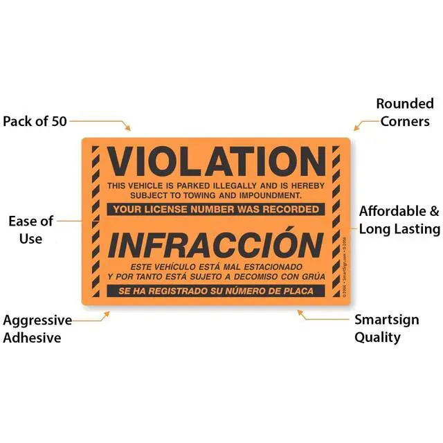 Alt view image 6 of 6 - Bilingual Parking Violation Stickers | Pack of 50 Labels with Permanent Adhesive, 5 x 8 inch, Vehicle Illegally Parked Sticker, Hard to Remove Write-On Tickets, Fluorescent Orange