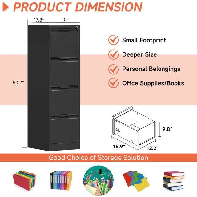 Alt view image 2 of 7 - 4 Drawer File Cabinet with Lock,17.8" Deep Vertical Metal Filing Cabinet for Home Office,Locking Drawer Tall for Hanging Letter/A4/Legal Folders, Easy Assemble-Black