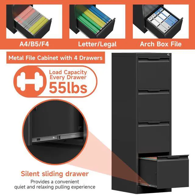 Alt view image 4 of 7 - 4 Drawer File Cabinet with Lock,17.8" Deep Vertical Metal Filing Cabinet for Home Office,Locking Drawer Tall for Hanging Letter/A4/Legal Folders, Easy Assemble-Black