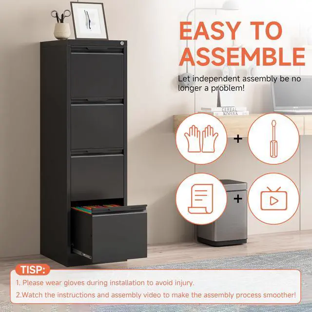 Alt view image 5 of 7 - 4 Drawer File Cabinet with Lock,17.8" Deep Vertical Metal Filing Cabinet for Home Office,Locking Drawer Tall for Hanging Letter/A4/Legal Folders, Easy Assemble-Black