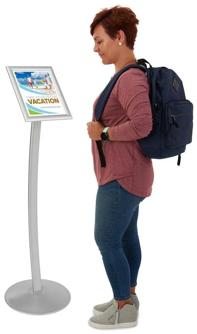 Alt view image 3 of 4 - Floor-Standing Sign Stand, 8.5 x 11 inch | Silver Anodized Aluminum, Snap-Open Frame, CMB8511