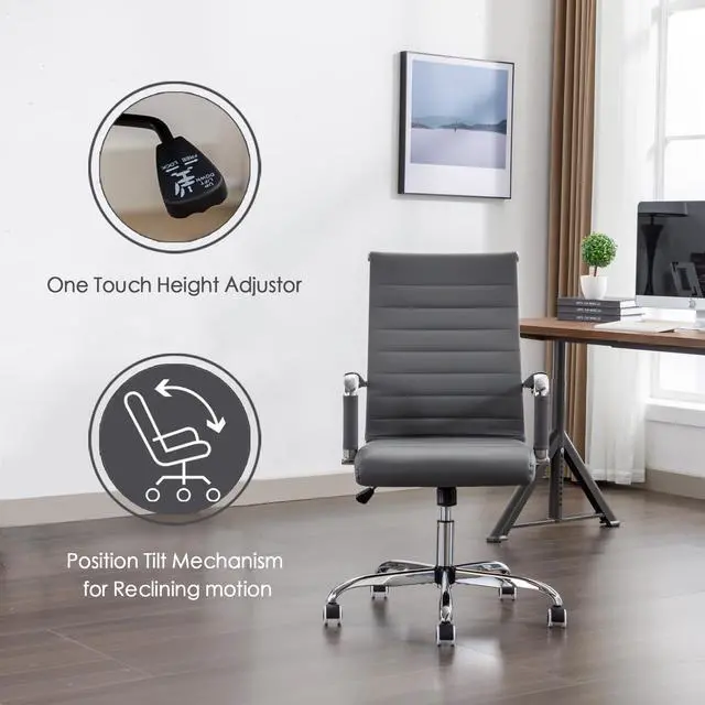 Alt view image 4 of 6 - Office Desk Chair Leather, Conference Room Chairs with Wheels, Executive Modern High Back Ergonomic Swivel Rolling Ribbed Computer Chair