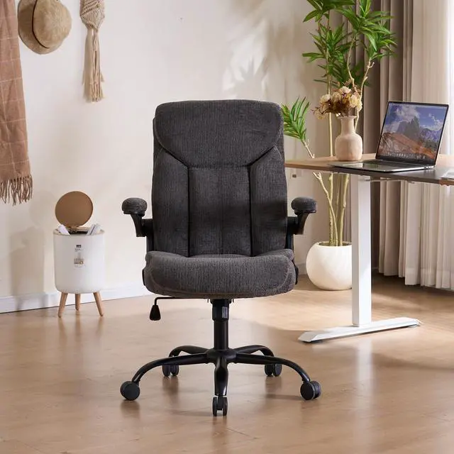 Alt view image 2 of 7 - Executive Fabric Office Desk Chair - Ergonomic Computer Study Chair Grey | Comfy Fabric Cloth Desk Chair with Flip-up Armrests Lumbar Support Hight Adjustable for Short People for Reading Meeting Room