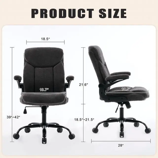 Alt view image 3 of 7 - Executive Fabric Office Desk Chair - Ergonomic Computer Study Chair Grey | Comfy Fabric Cloth Desk Chair with Flip-up Armrests Lumbar Support Hight Adjustable for Short People for Reading Meeting Room