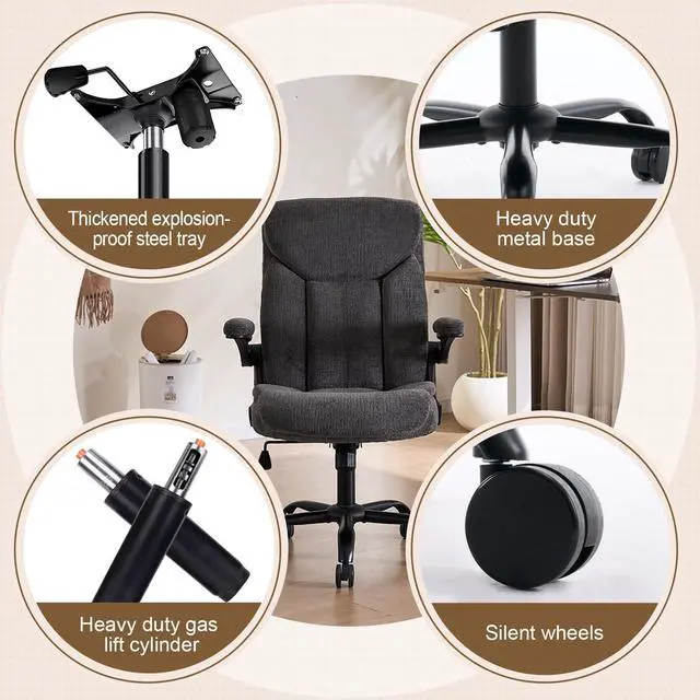 Alt view image 4 of 7 - Executive Fabric Office Desk Chair - Ergonomic Computer Study Chair Grey | Comfy Fabric Cloth Desk Chair with Flip-up Armrests Lumbar Support Hight Adjustable for Short People for Reading Meeting Room