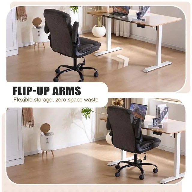 Alt view image 6 of 7 - Executive Fabric Office Desk Chair - Ergonomic Computer Study Chair Grey | Comfy Fabric Cloth Desk Chair with Flip-up Armrests Lumbar Support Hight Adjustable for Short People for Reading Meeting Room