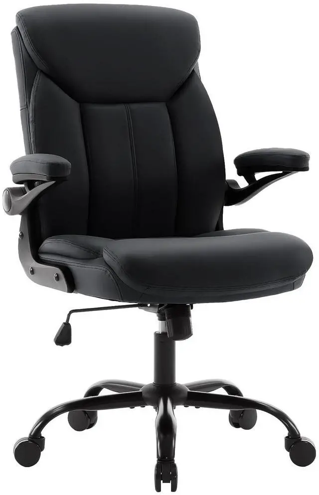 Main image of Leather Executive Office Chair - Black Ergonomic Computer Desk Chair | Flip-up Arms,PU Leather,Mid Back Support,Adjustable Height,Swivel Rolling Wheels for Short People Study Work for Small Space