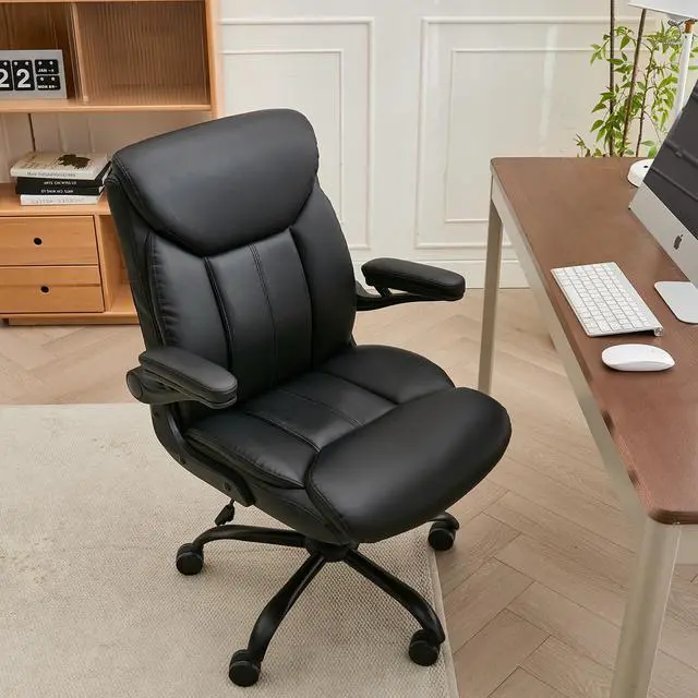 Alt view image 2 of 7 - Leather Executive Office Chair - Black Ergonomic Computer Desk Chair | Flip-up Arms,PU Leather,Mid Back Support,Adjustable Height,Swivel Rolling Wheels for Short People Study Work for Small Space