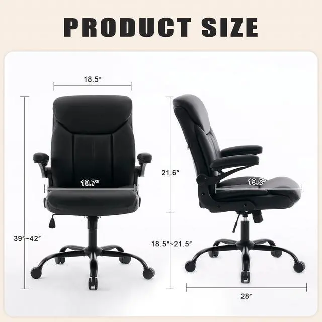 Alt view image 3 of 7 - Leather Executive Office Chair - Black Ergonomic Computer Desk Chair | Flip-up Arms,PU Leather,Mid Back Support,Adjustable Height,Swivel Rolling Wheels for Short People Study Work for Small Space