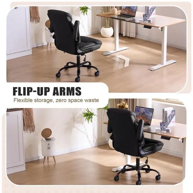 Alt view image 4 of 7 - Leather Executive Office Chair - Black Ergonomic Computer Desk Chair | Flip-up Arms,PU Leather,Mid Back Support,Adjustable Height,Swivel Rolling Wheels for Short People Study Work for Small Space