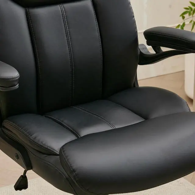 Alt view image 7 of 7 - Leather Executive Office Chair - Black Ergonomic Computer Desk Chair | Flip-up Arms,PU Leather,Mid Back Support,Adjustable Height,Swivel Rolling Wheels for Short People Study Work for Small Space