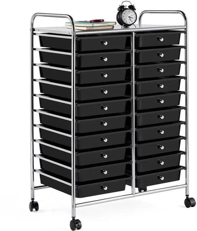 Main image of 20-Drawer Rolling Storage Cart on Wheels, Craft Organizer, Black | Twenty drawers and a top shelf sort craft, art, and office supplies; steel frame, plastic bins, locking wheels, easy setup
